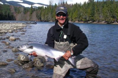 The photo of the week shows the first Chinook (King) Salmon landed and released on the Kalum River this season.  The lucky angler is Cal Nakanishi.  He hooked it on a Silver Mortac lure.  The photo may not be the very best 5 star photo, perfectly framed o